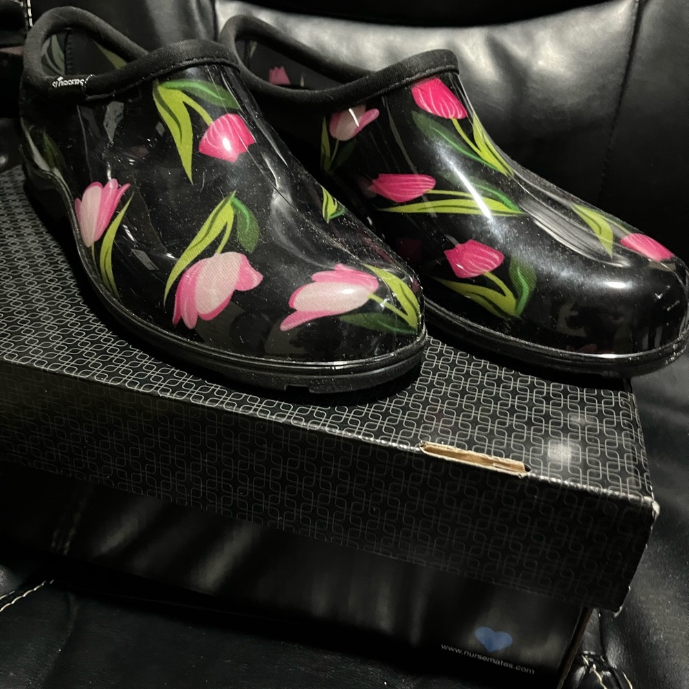 Sloggers Black and Pink Floral Mules